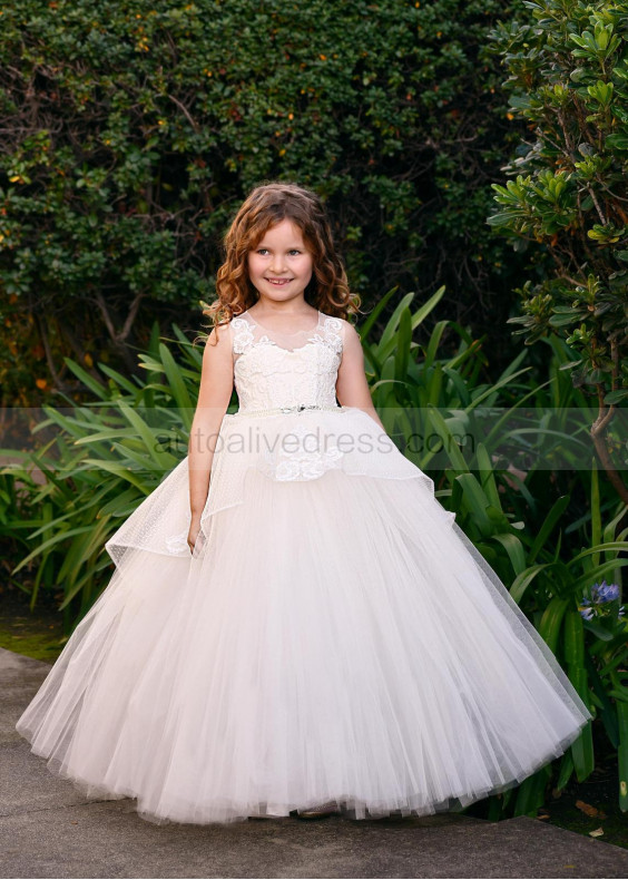 Beaded Ivory Lace Polka Dot Tulle Peplum Flower Girl Dress Beaded Ivory Lace Polka Dot Tulle Peplum Flower Girl Dress